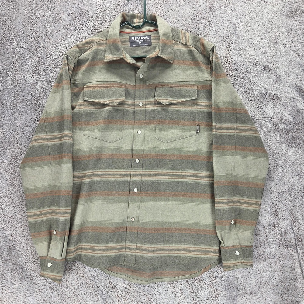 Simms Shirt Mens M Green Stripe Flannel Long Sleeve Snap Front Casual Outdoor